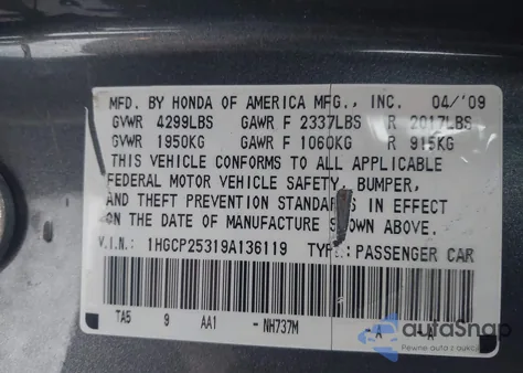 2009 Honda Accord 2.4 Lx z USA, uszkodzony, nr VIN 1HGCP25319A136119